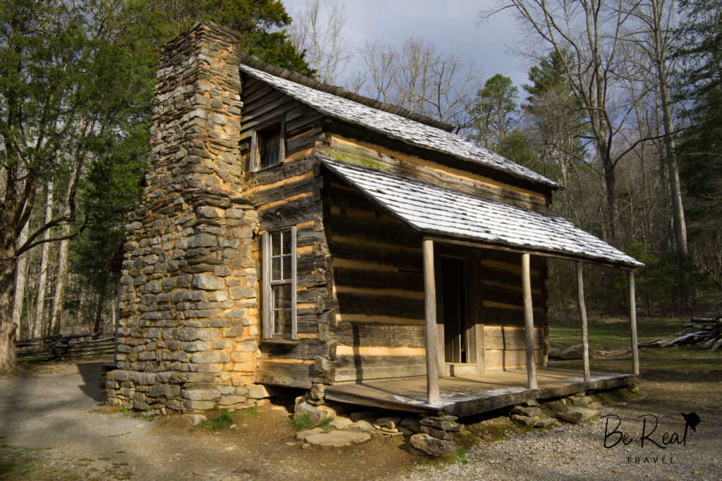 A historic cabin sits unspoiled in nature at Great Smoky National Park, Tennessee