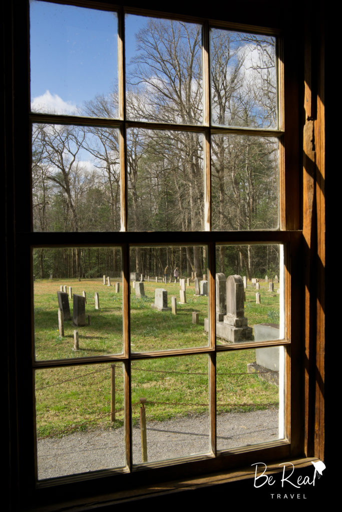 A graveyard accentuates the view from a historic cabin in Tennessee