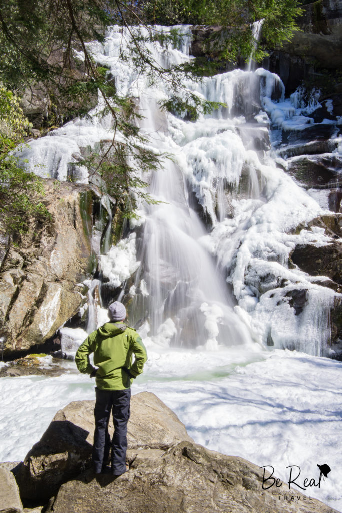 Due to subfreezing temperatures, the scene at Ramsey Cascades is frozen in Great Smoky National Park, Tennessee