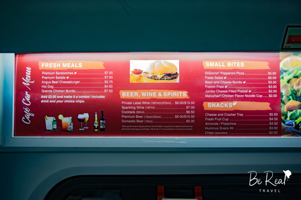 Cafe car menu on Amtrak, California -  one of the many reasons why I enjoy my super commute